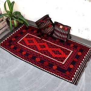 Small Handmade Kilim Red Rug Organic Dye Berber Flat Weave Hand Woven Moroccan