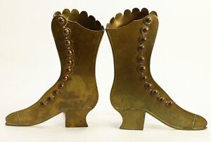  19th C Pair Of Victorian Brass Spill Holders Shaped As Lady S Shoes 8 5 Each