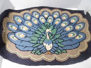 Vintage Hand Made Oval Hooked Looped Rug 20 X 30 Peacock Design