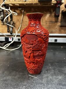 Antique Chinese Qing Republic Cinnabar Fine Hand Carved Lacquer Vase Enamel