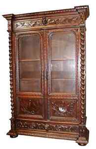 Antique Bookcase French Louis Xiii Barley Twist Oak Relief Carved 1800 S 