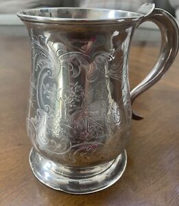 Estate Antique Sterling George Ii Newcastle Tankard Etched 1740 1750 Sold As Is