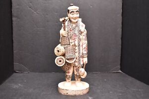 Vtg Chinese Hand Carved Bone Drum Vendor Man Japanese Statue Figure Signed 12 