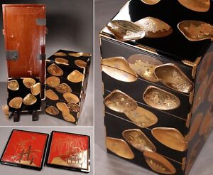 Museum Quality Japanese Lacquerware Stacking Box Gold Shell Pattern Meiji Era