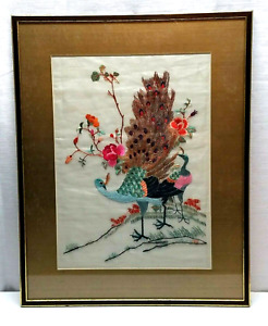 Vintage Wood Framed Peacock Embroidery Linen Tapestry Art Wall Hanging Decor Red