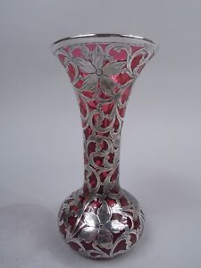 Alvin Vase R387 Antique Art Nouveau American Red Glass Silver Overlay