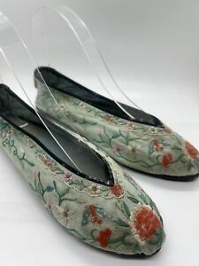 Antique Chinese Sheung Embroidered Silk Slippers 1900 1920 Light Blue