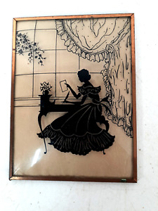 Beautiful Silhouette Of Lady Writing A Letter At Her Desk Reverse Painted