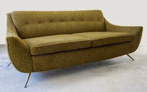 Rare Henry P Glass Sofa In Green Boucle Brass Legs Mid Century Modern Gio Ponti