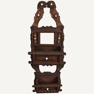 Antique Chip Carved Tramp Art Wall Rack With Porcelain Detailing
