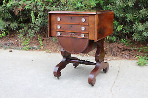 Empire Ca 1840 Flame Mahogany Three Drawer Drop Leaf Pot Belly Sewing Table