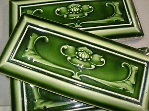 Set Of 3 Relief Molded Green Original Period Antique Tiles Art Nouveau Majolica
