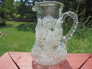 Antique Eapg Pattern Glass Millersburg Frosted Hobstar Feather Water Pitcher