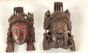 Antique Vintage Chinese Emperor Empress Wood Mask