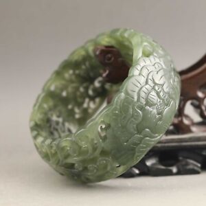 China Natural Hetian Green Jade Bangle Hand Carved Phoenix Bird Flower Bracelet