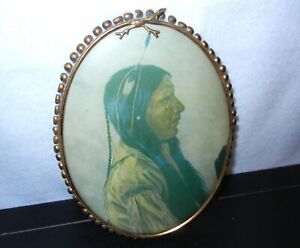 1898 Framed Native American Lithograph Portrait On Large Oval Frame 8 1 4x6 1 4