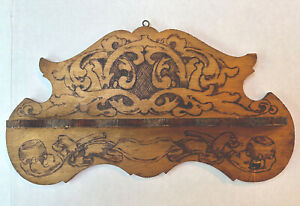 Scarce Antique 1900s Pyrography Hand Burned Folk Art Wall Hung 6 Pipe Rack