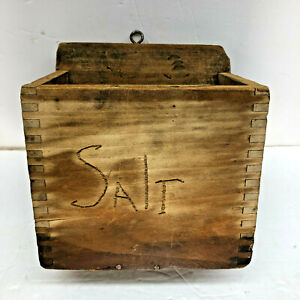 Antique Finger Jointed Wooden Wall Hanging Kitchen Pantry Salt Box