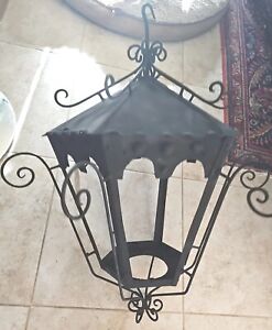 Vintage Spanish Mexican Hanging Lantern Wrought Iron Scrollwork Set Of 2