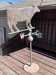 Rare Antique Copper Cow Weather Vane With Directionals Cast Iron Base 44 Tall