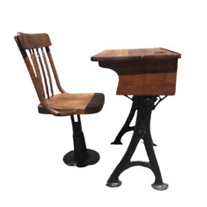 Antique Oak Cast Iron Wooden School Desk Chair Adjustable Circa 1903 1910