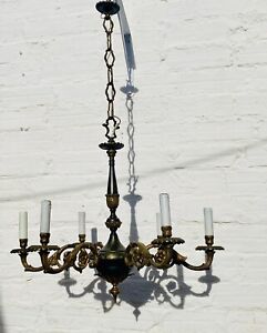 36 X 24 Antique Ormolu Black Tole Chandelier Six Arms Candle Style Colonial