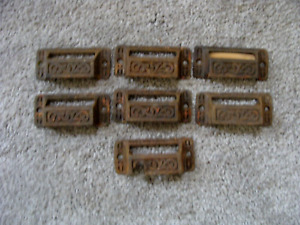 Antique Lot Of Six Apothecary Drawer Pulls That Take Label Inserts Cast Iron