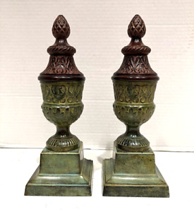 Ant Pair Of Neoclassical Bronze Patina Newel Post Finials On Stand Acorn Top
