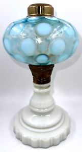 Antique Opalescent Blue Coin Spot Kerosene Oil Stand Lamp 2 Pc Screw On Top