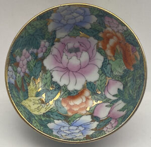 Vintage Porcelain Chinese Bowl Pink Roses Lavender Orange Flowers Gold Trim