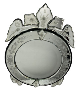 Venetian Vanity Tabletop Mirror Ornate Crown Top Floral Etched Cut Glass
