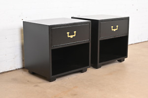 Henredon Hollywood Regency Black Lacquered Campaign Nightstands Refinished