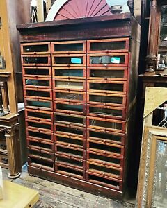 Original Antique 1900s 36 Drawer Haberdashery Built In Cabinet