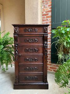 Antique French Carved Oak Tall Cabinet Faux Chest Of Drawers Louis Xiv Style