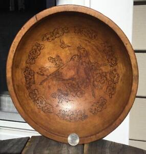 Vintage Wooden Bowl Raised Rim Carved Pyrography Love Birds Heart Flowers Leaves