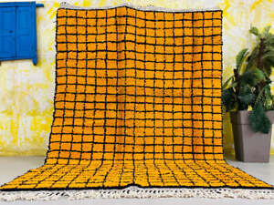 Checkered Moroccan Rug Berber Checkerboard Yellow Rug Handmade Wool Boho Rug