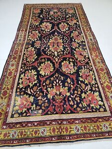 Antique Oriental Hand Knotted Wool Area Rug Navy Blue Red Ivory Gold 4 X 9 