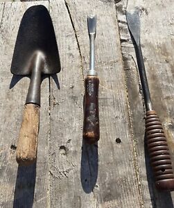 Lot Of 3 Metal Wood Garden Tools Village Blacksmith Vintage
