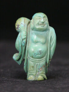 Vintage Chinese Hand Carved Turquoise Laughing Buddha Figurine