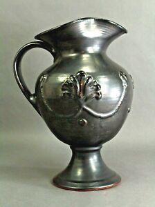  Vintage Studio Pottery Redware Pitcher Vase Black Glaze Art Deco Mid Century