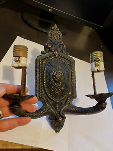 Old Arts Craft Deco Victorian Cast Brass Bronze 2 Arm Wall Sconce Light Fixture