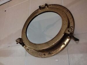 Antique 18 Porthole Mirror Ship Brass Open Locks Window Maritime Rare Old 20th