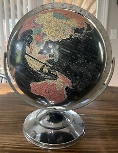 Vintage Replogle 12 Inch Starlight Black World Globe With Chrome Base
