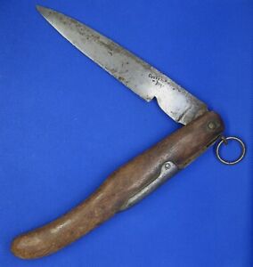 Antique Primitive Curved Folding Lock Blade Pocket Knife Wooden Handle