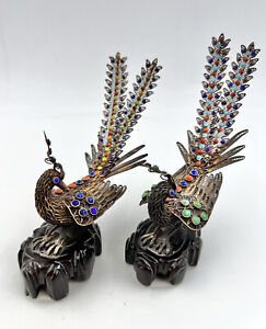 Antique Pair Chinese Silver Filigree Coral Turquoise Enamel Phoenix Bird Statue