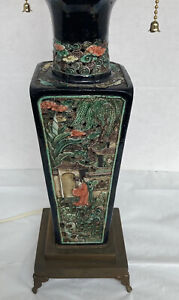 Vintage Early Chinese Famille Noir Square Lamp Vase 22 Overall Vase 11 5 Inche