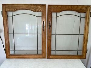Vintage Pair Oak Framed Leaded Glass Cabinet Doors 18 5 8 X 24 1 2 
