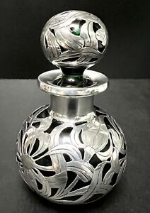 Antique Perfume 32 Art Nouveau Bottle Green Glass Sterling Silver Overlay 1900 S