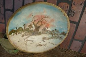 Antique 19th C Kitchen Wood Dough Bowl With Early Folk Art Oil Painting 12 25 In