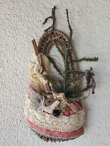 Primitive Grubby Christmas Wall Pocket W Antique Quilt Prim Faux Feather Tree